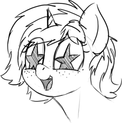 Size: 710x717 | Tagged: safe, artist:zippysqrl, oc, oc only, oc:sign, species:pony, species:unicorn, bust, cute, female, freckles, grayscale, mare, monochrome, open mouth, sketch, solo, starry eyes, stars, wingding eyes