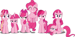 Size: 9000x4482 | Tagged: safe, artist:mrkat7214, character:applejack, character:fluttershy, character:pinkie pie, character:rainbow dash, character:rarity, character:starlight glimmer, character:twilight sparkle, character:twilight sparkle (alicorn), species:alicorn, species:earth pony, species:pegasus, species:pony, species:unicorn, absurd resolution, annoyed, applejack is not amused, cute, eyes closed, grin, mane six, palette swap, pink, pinkie pie day, pronking, rainbow dash is not amused, recolor, simple background, smiling, transparent background, twilight is not amused, unamused, vector