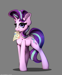 Size: 2500x3000 | Tagged: safe, artist:skitsroom, character:starlight glimmer, species:pony, species:unicorn, a++, chest fluff, cute, digital art, ear fluff, female, glimmerbetes, grades, happy, horn, looking at you, mare, mouth hold, paper, smiling, solo