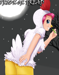 Size: 1340x1692 | Tagged: safe, artist:focusb, character:pinkie pie, species:human, animal costume, chicken suit, clothing, costume, female, halloween, halloween costume, holiday, humanized, looking at you, night, smiling, solo