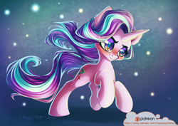 Size: 1273x900 | Tagged: safe, artist:chaosangeldesu, character:starlight glimmer, species:pony, species:unicorn, abstract background, blushing, female, mare, patreon, patreon logo, running, smiling, solo