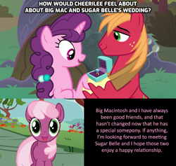 Size: 1280x1213 | Tagged: safe, artist:mlp-silver-quill, edit, edited screencap, screencap, character:big mcintosh, character:cheerilee, character:sugar belle, species:pony, comic:pinkie pie says goodnight, ship:sugarmac, episode:the big mac question, g4, my little pony: friendship is magic, answer, approval, caption, engagement ring, female, friendship, headcanon, just friends, male, marriage proposal, message, question, shipping, straight
