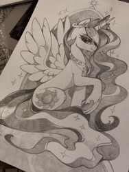 Size: 960x1280 | Tagged: safe, artist:share dast, character:princess celestia, species:alicorn, species:pony, inktober, beautiful, crown, cutie mark, ethereal mane, female, flowing mane, flowing tail, hoof shoes, inktober 2019, jewelry, lidded eyes, mare, raised hoof, regalia, sketch, smiling, solo, sparkles, spread wings, throne, traditional art, wings