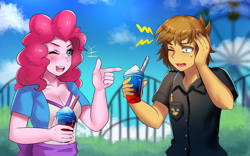 Size: 800x500 | Tagged: safe, artist:tzc, character:pinkie pie, oc, my little pony:equestria girls, brain freeze, breasts, busty pinkie pie, cleavage, clothing, food, one eye closed, open mouth, pointing, roller coaster, shaved ice, smiling, theme park, wink