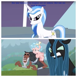Size: 1936x1936 | Tagged: safe, artist:mlp-silver-quill, character:cozy glow, character:lord tirek, character:majesty, character:queen chrysalis, species:centaur, species:changeling, species:pegasus, species:pony, species:unicorn, episode:the ending of the end, g1, g4, my little pony: friendship is magic, abuse, angry, changeling queen, chrysabuse, cozybuse, female, filly, g1 to g4, generation leap, glare, imminent death, scared, this will end in petrification, tirekabuse