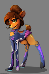 Size: 2000x3000 | Tagged: safe, artist:skitsroom, oc, oc only, oc:aluxor, species:deer, boots, clothing, cute, doe, futuristic, gray background, miniskirt, original species, pleated skirt, quadrupedal, rule 63, shoes, simple background, skates, skirt, smiling, solo, vitrung