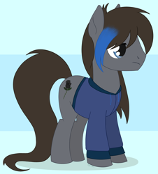 Size: 1672x1849 | Tagged: safe, artist:dyonys, oc, oc:shadow rose, species:earth pony, species:pony, clothing, hoodie, male, sad, show accurate, simple background, stallion, standing