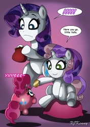 Size: 550x779 | Tagged: safe, artist:xjkenny, character:pinkie pie, character:rarity, character:sweetie belle, species:pony, bipedal, exclamation point, pinkie bank, speech