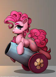 Size: 2000x2750 | Tagged: safe, artist:hitbass, artist:skitsroom, character:pinkie pie, species:earth pony, species:pony, blep, collaboration, cutie mark, dock, ear fluff, female, high res, leg fluff, mare, party cannon, profile, solo, tongue out