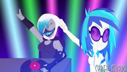 Size: 2840x1608 | Tagged: safe, artist:cyber-murph, character:dj pon-3, character:vinyl scratch, oc, oc:audio spectra, my little pony:equestria girls, clothing, commission, devil horn (gesture), face mask, light show, record, signature, sunglasses, tank top