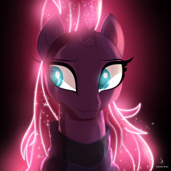 Size: 3840x3840 | Tagged: safe, alternate version, artist:zidanemina, character:tempest shadow, species:pony, species:unicorn, alternate hairstyle, armor, black background, broken horn, eye scar, female, high res, horn, looking sideways, mare, neon, neon colors, scar, signature, simple background, solo