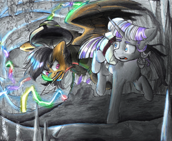 Size: 1913x1558 | Tagged: safe, artist:tillie-tmb, character:daring do, character:twilight velvet, species:pegasus, species:pony, species:unicorn, fanfic:spectrum of lightning, series:daring did tales of an adventurer's companion, cave, duo, duo female, fanfic art, female, lightning, mare, mouth hold, petrification, saddle bag, trowel