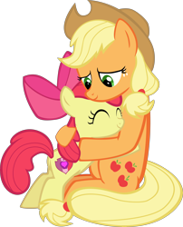 Size: 7706x9551 | Tagged: safe, artist:mrkat7214, character:apple bloom, character:applejack, species:earth pony, species:pony, absurd resolution, adorabloom, apple bloom's bow, applejack's hat, bow, clothing, cowboy hat, cute, dawwww, duo, female, filly, hair bow, hat, hug, jackabetes, mare, siblings, simple background, sisterly love, sisters, transparent background, vector