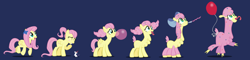 Size: 2000x482 | Tagged: safe, artist:magerblutooth, character:fluttershy, species:pegasus, species:pony, series:mlp transformed, balloon, blowing up balloons, blush sticker, blushing, bow, bow tie, bubblegum, clothing, confetti, derp, faded cutie mark, flower, flower in hair, food, giggling, gum, hair bow, hat, inflating, llama, llamafied, mental shift, mouse, open mouth, party hat, party horn, personality swap, ponytail, show accurate, species swap, story included, swirly eyes, tongue out, transformation, transformation sequence, wingding eyes
