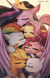 Size: 1421x2201 | Tagged: safe, artist:tcn1205, character:applejack, character:fluttershy, character:pinkie pie, character:rainbow dash, character:rarity, character:twilight sparkle, character:twilight sparkle (alicorn), species:alicorn, species:earth pony, species:pegasus, species:pony, species:unicorn, episode:the last problem, g4, my little pony: friendship is magic, cute, eyes closed, group hug, hug, mane six, older, older applejack, older fluttershy, older mane six, older pinkie pie, older rainbow dash, older rarity, older twilight, princess twilight 2.0, wing hands, winghug, wings