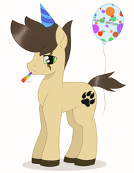 Size: 1563x2027 | Tagged: safe, artist:dyonys, oc, oc:night chaser, species:earth pony, species:pony, balloon, clothing, hat, looking at you, male, party hat, scar, simple background, solo, stallion, standing, white background