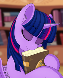 Size: 2048x2530 | Tagged: safe, artist:negasun, character:twilight sparkle, character:twilight sparkle (alicorn), species:alicorn, species:pony, book, book of harmony, crying, cute, digital art, eyes closed, female, happy birthday mlp:fim, mare, mlp fim's ninth anniversary, remake, smiling, solo, that pony sure does love books, the book of life, twiabetes