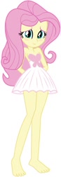 Size: 298x858 | Tagged: safe, artist:marcorois, edit, editor:thomasfan45, character:fluttershy, my little pony:equestria girls, adorable face, bare shoulders, barefoot, blushing, clothing, cute, dress, edited vector, feet, female, hands behind back, legs, sexy, shyabetes, simple background, solo, vector, white background
