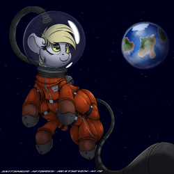 Size: 3000x3000 | Tagged: safe, artist:hitbass, artist:rexyseven, artist:skitsroom, character:derpy hooves, species:pegasus, species:pony, astronaut, collaboration, earth, female, floppy ears, mare, smiling, solo, space, space suit