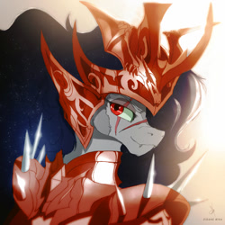 Size: 770x770 | Tagged: safe, artist:zidanemina, character:king sombra, anime, armor, crossover, evil grin, eye scar, grin, male, saint seiya, scar, smiling, solo, space, spikes, stars