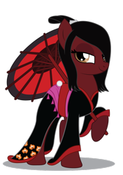 Size: 750x1065 | Tagged: safe, artist:dragonchaser123, artist:supersaiyand, oc, oc only, oc:canna thorn, species:earth pony, species:pony, fanfic:break the walls down, asian, author:supersaiyand, chinese, clothing, crossover, fanfic art, female, flower, japanese, kimono (clothing), mare, robe, simple background, solo, topknot, transparent background, umbrella, vector