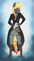 Size: 1691x3001 | Tagged: safe, artist:dyonys, oc, oc:sunrise hope, species:anthro, species:earth pony, species:pony, abstract background, belt, braid, choker, clothing, coat, compass, female, gun, handgun, revolver, solo, standing, steampunk, weapon