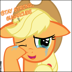 Size: 4000x4000 | Tagged: safe, artist:mrkat7214, character:applejack, species:earth pony, species:pony, absurd resolution, crying, cute, dawwww, dialogue, end of ponies, feels, female, floppy ears, happy, jackabetes, looking at you, mare, open mouth, puppy dog eyes, sad, sadorable, simple background, smiling, smiling at you, solo, sugarcube, sweet dreams fuel, talking to viewer, tears of joy, teary eyes, vector, white background, wiping tears