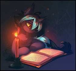 Size: 1845x1717 | Tagged: safe, artist:share dast, oc, oc only, oc:crescent rune, species:pony, species:unicorn, book, candle, candlelight, chest fluff, hybrid, simple background, solo, two toned mane