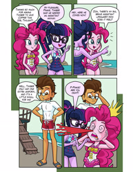 Size: 1976x2554 | Tagged: safe, artist:art-2u, commissioner:imperfectxiii, character:pinkie pie, character:twilight sparkle, character:twilight sparkle (scitwi), oc, oc:copper plume, species:eqg human, comic:the copperpie chronicles, g4, my little pony: equestria girls, my little pony:equestria girls, beach, blood, canon x oc, clothing, comic, commission, copperpie, dizzy, explosive nosebleed, feet, female, freckles, glasses, hand on hip, implied timber spruce, male, male feet, nosebleed, pointing, sandals, shipping, shirt, shorts, straight, swimsuit, water