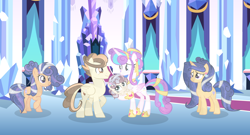 Size: 4096x2220 | Tagged: safe, artist:velveagicsentryyt, character:pound cake, character:princess flurry heart, oc, oc:galaxy swirls, oc:velvet sentry, parent:flash sentry, parent:pound cake, parent:princess flurry heart, parent:twilight sparkle, parents:flashlight, parents:poundflurry, species:crystal pony, species:pony, species:unicorn, ship:poundflurry, baby, baby pony, crystallized, female, male, mare, offspring, older, shipping, straight