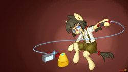 Size: 2732x1536 | Tagged: safe, artist:spheedc, oc, oc only, oc:sphee, species:earth pony, species:pony, bipedal, clothing, digital art, female, filly, glasses, gradient background, mare, semi-anthro, solo, suspenders