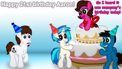 Size: 3840x2160 | Tagged: safe, artist:agkandphotomaker2000, character:dj pon-3, character:vinyl scratch, oc, oc:brain teaser, oc:pony video maker, oc:rose bloom, species:earth pony, species:pegasus, species:pony, species:unicorn, birthday, birthday cake, birthday card, birthday hats, brainbloom, cake, canon x oc, food, mare inside a cake, oc x oc, shipping, surprise cake, videoscratch