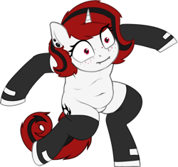 Size: 1776x1666 | Tagged: safe, artist:zippysqrl, oc, oc only, oc:lilith, species:pony, species:unicorn, belly button, bipedal, chubby, clothing, ear piercing, earring, fangs, freckles, jewelry, krumping, marge krumping, piercing, simple background, socks, stockings, thigh highs, transparent background