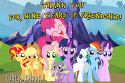 Size: 1084x720 | Tagged: safe, artist:cyber-murph, character:applejack, character:fluttershy, character:pinkie pie, character:rainbow dash, character:rarity, character:spike, character:starlight glimmer, character:sunset shimmer, character:twilight sparkle, character:twilight sparkle (alicorn), species:alicorn, species:dragon, species:earth pony, species:pegasus, species:pony, species:unicorn, season 9, spoiler:s09, group, happy birthday mlp:fim, mane six, mlp fim's ninth anniversary, series finale, signature, thank you, twilight's castle, winged spike