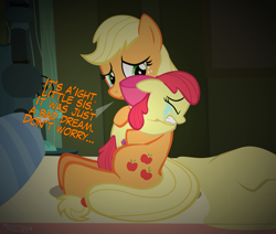 Size: 4550x3850 | Tagged: safe, artist:mrkat7214, character:apple bloom, character:applejack, species:earth pony, species:pony, adorabloom, bed, comforting, crying, cute, dawwww, dialogue, duo, female, high res, hug, jackabetes, sad, sadorable, show accurate, siblings, sisterly love, sisters, sweet dreams fuel, vector