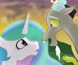 Size: 3772x3132 | Tagged: safe, artist:mr100dragon100, character:discord, character:princess celestia, ship:dislestia, episode:the ending of the end, g4, my little pony: friendship is magic, confession, female, male, shipping, straight, suprised look
