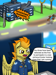 Size: 3024x4032 | Tagged: safe, artist:tacomytaco, character:spitfire, oc, species:pegasus, species:pony, comic:wedgiebolts academy, clothing, comic, female, flag, flying, spread wings, suggestive series, text, uniform, wings, wonderbolts uniform