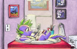 Size: 2048x1309 | Tagged: safe, artist:tillie-tmb, derpibooru original, character:shining armor, character:spike, character:twilight sparkle, character:twilight velvet, species:dragon, fanfic:spectrum of lightning, series:daring did tales of an adventurer's companion, bathroom, book, colored pencil drawing, cute, journal, male, mirror, picture frame, reading, sink, spikabetes, story included, toilet, traditional art
