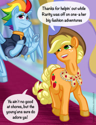 Size: 720x937 | Tagged: safe, artist:texasuberalles, character:applejack, character:rainbow dash, species:earth pony, species:pegasus, species:pony, episode:the last problem, g4, my little pony: friendship is magic, braided tail, clothing, colored hooves, cowboy hat, dialogue, duo, female, flying, frog (hoof), hat, implied lesbian, implied rarijack, implied shipping, looking back, mare, older, older applejack, older rainbow dash, scarf, shrug, speech bubble, underhoof, uniform, wonderbolts uniform