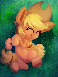 Size: 1531x2000 | Tagged: safe, artist:discorded, character:applejack, species:earth pony, species:pony, applejack day, clothing, cowboy hat, cute, dawwww, eyes closed, female, freckles, grass, hat, jackabetes, on back, silly, silly pony, smiling, solo, stetson, underhoof, who's a silly pony