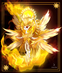 Size: 4400x5192 | Tagged: safe, artist:zidanemina, character:daybreaker, character:princess celestia, species:alicorn, species:pony, absurd resolution, armor, black background, black sclera, crossover, female, knights of the zodiac, looking at you, multiple wings, saint seiya, simple background, solo, wings