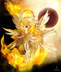 Size: 4400x5192 | Tagged: safe, artist:zidanemina, character:daybreaker, character:princess celestia, species:alicorn, species:pony, absurd resolution, crossover, eclipse, female, fire, looking at you, mare, saint seiya, solar eclipse, solo