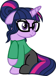 Size: 749x1024 | Tagged: safe, artist:osipush, edit, editor:alelovescool, editor:trashmakeshappy, character:twilight sparkle, character:twilight sparkle (scitwi), character:twilight sparkle (unicorn), species:pony, species:unicorn, my little pony:equestria girls, 1000 hours in ms paint, bad edit, clothes edit, clothing, edited edit, equestria girls ponified, female, floppy ears, frown, glasses, green shirt, looking at something, mare, messy bun, pants, ponified, ponified humanized pony, raised hoof, raised leg, shirt, show accurate, simple background, sitting, solo, transparent background, unicorn sci-twi, vector, vector edit