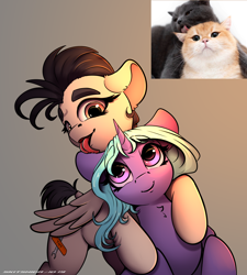 Size: 2250x2500 | Tagged: safe, artist:skitsroom, oc, oc only, oc:eleane tih, oc:mayata, species:pegasus, species:pony, species:unicorn, behaving like a cat, cat, caught, cute, ear licking, female, looking at each other, mare, photo, ponified animal photo, simple background