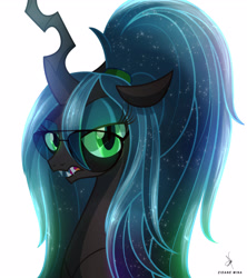 Size: 3000x3374 | Tagged: safe, artist:zidanemina, character:queen chrysalis, species:changeling, alternate hairstyle, bust, changeling queen, digital art, dork, dorkalis, ethereal mane, female, galaxy mane, glasses, green eyes, high res, nerd, open mouth, ponytail, simple background, solo, white background