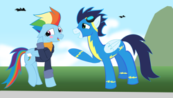 Size: 8688x4944 | Tagged: safe, artist:mr100dragon100, character:rainbow dash, character:soarin', species:pony, ship:soarindash, female, male, shipping, straight, wonderbolts