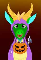 Size: 1539x2231 | Tagged: safe, artist:dyonys, oc, oc:fridis, species:dragon, candy, clothing, costume, cynder, food, halloween, holiday, hoodie, mouth hold, plushie, pumpkin bucket, solo, spyro the dragon