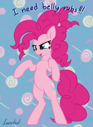 Size: 941x1286 | Tagged: safe, artist:lunebat, character:pinkie pie, episode:the ending of the end, g4, my little pony: friendship is magic, bellyrub request, bellyrubs, candy, chaos pinkie, cute, dialogue, diapinkes, female, food, happy birthday mlp:fim, mlp fim's ninth anniversary, solo, xk-class end-of-the-world scenario