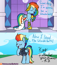 Size: 960x1080 | Tagged: safe, artist:spritepony, character:rainbow dash, species:pegasus, species:pony, episode:the best night ever, episode:the last problem, g4, my little pony: friendship is magic, clothing, dialogue, dress, female, gala dress, grand galloping gala, mlp fim's ninth anniversary, older, older rainbow dash, patreon, patreon link, patreon logo, signature, solo, speech, speech bubble, standing, text