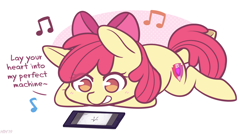 Size: 1530x820 | Tagged: safe, artist:higgly-chan, character:apple bloom, species:earth pony, species:pony, abstract background, adorabloom, cute, cutie mark, eye clipping through hair, female, filly, music notes, perfect machine, prone, solo, song, song reference, starset, the cmc's cutie marks